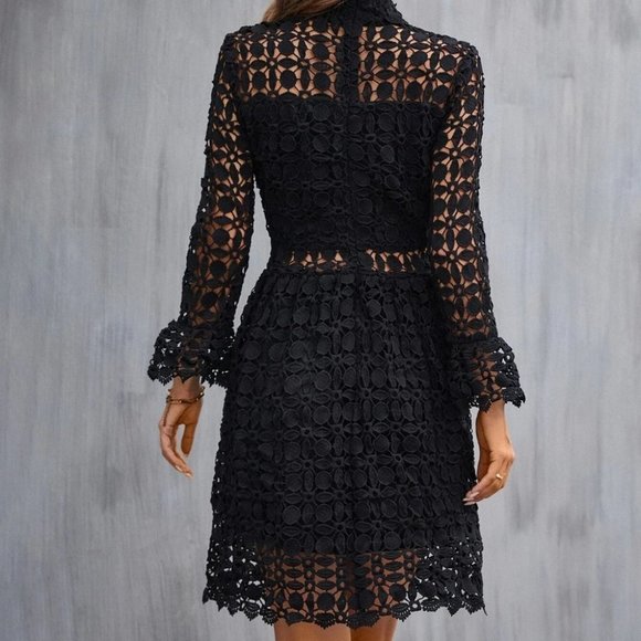 BOHO ELEGANCE Mock Neck Flounce Sleeve Lace Dress BLACK - Picture 6 of 6
